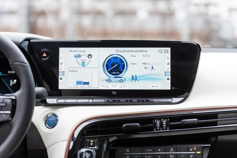 Ekran dotykowy Toyoty Mirai wyświetla ustawienia oczyszczania powietrza, informacje o zużyciu energii oraz ikony w języku polskim.