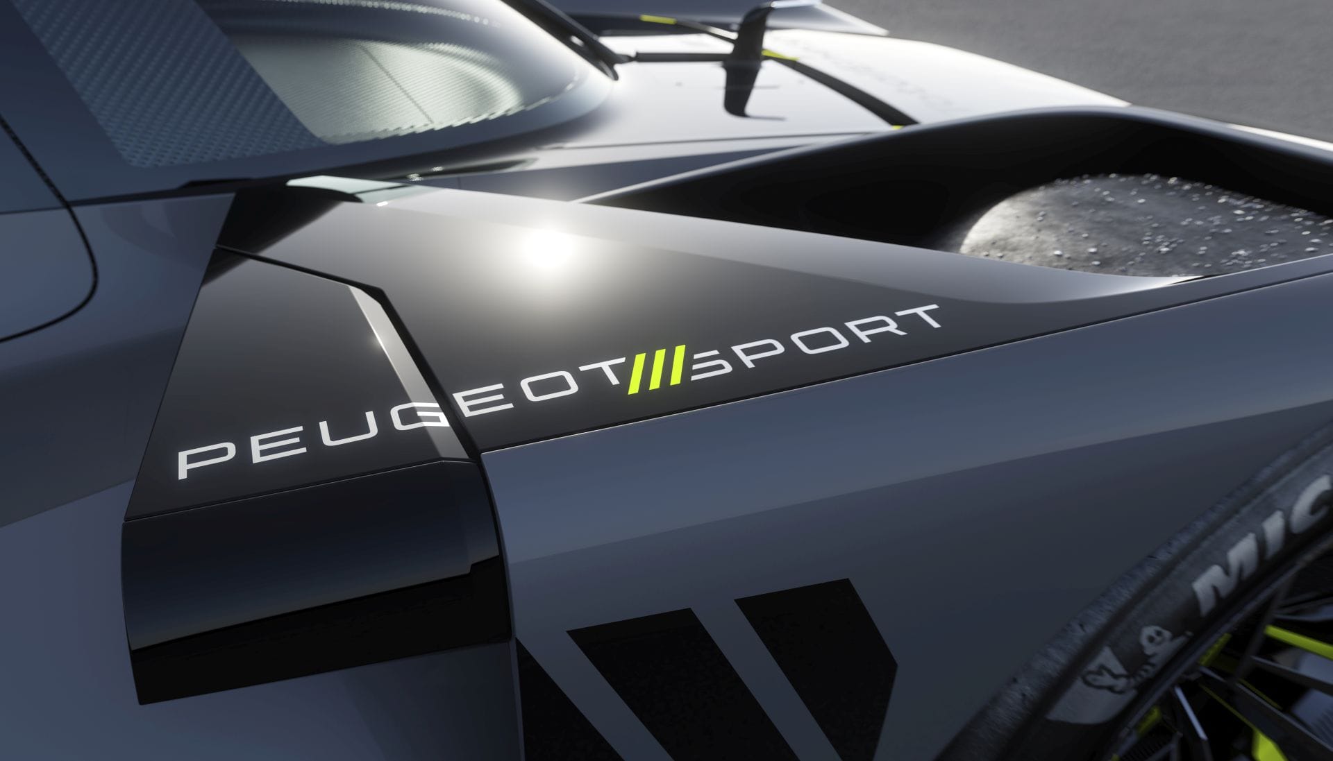 Czarny bok samochodu z logo Peugeot Sport, fragmentem opony Michelin i elementami 9X8.