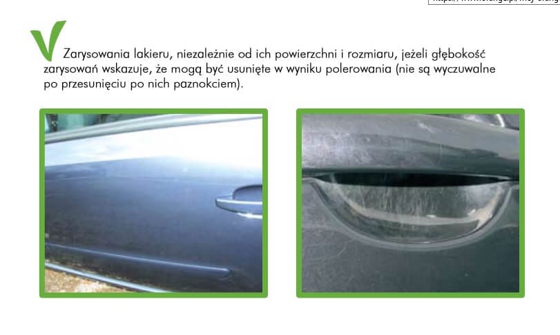 Zbliżenie na drzwi samochodu z rysami, przedstawione w dwóch ujęciach wraz z opisem procesu polerowania.