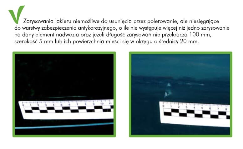 Dwa zbliżenia rysunków na niebieskiej powierzchni wraz z miarką i opisem kryteriów w języku polskim.