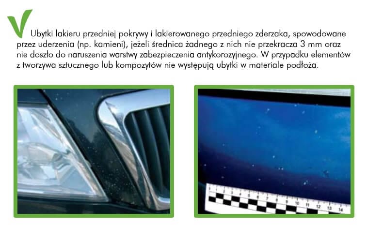 Zbliżenie pokazujące odpryski lakieru na zderzaku i błotniku samochodu oraz pomiar uszkodzeń za pomocą linijki.
