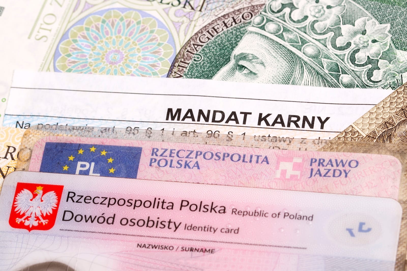 mandat dokumenty prawo jazdy dowód osobisty banknoty kara
