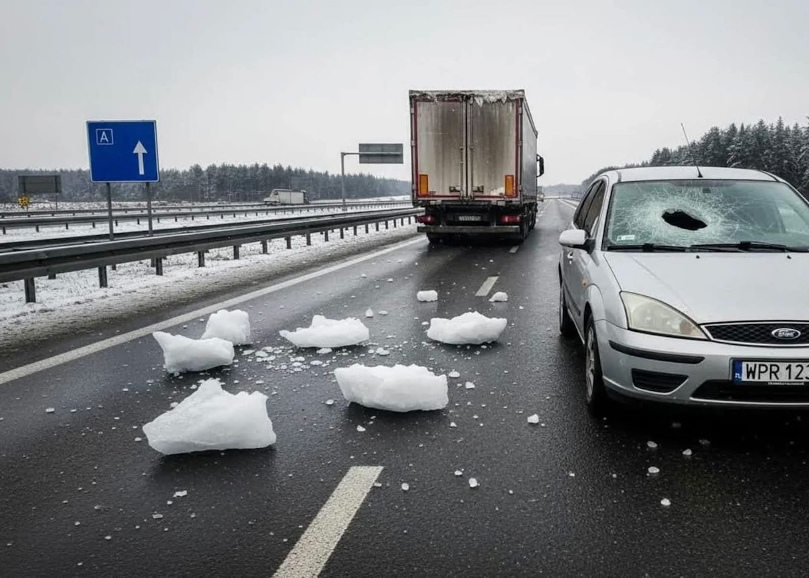 rozbita szyba bryła tafla lodu auto ciężarowe