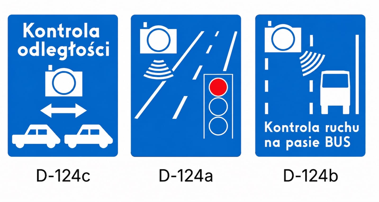 planowane nowe znaki kontrola odległości, kontrola czerwonego światła i kontrola ruchu na pasie BUS