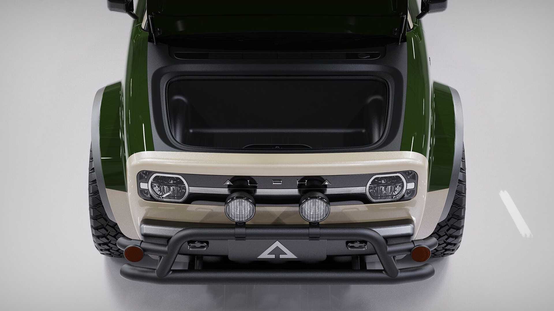 SUV Alpha Jax w kolorze zielono-beżowym z otwartym przednim bagażnikiem, widoczne dwie lampy i zderzak.