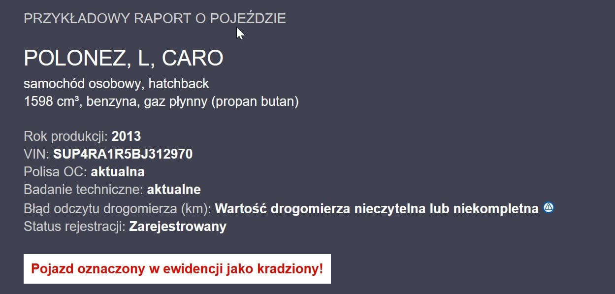przykładowy raport historiapojazdu.pl