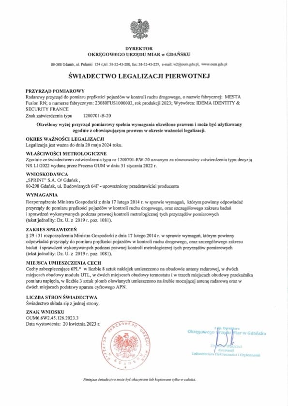 świadectwo legalizacji fotoradar