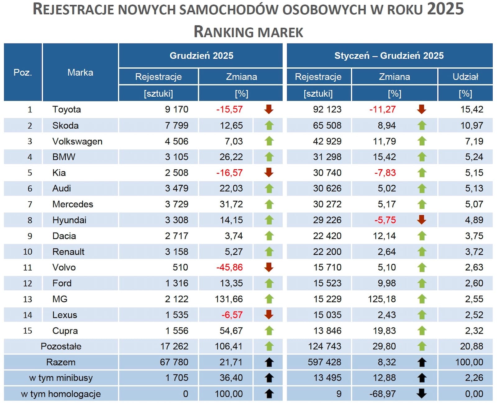 Rejestracje 2025 ranking marki