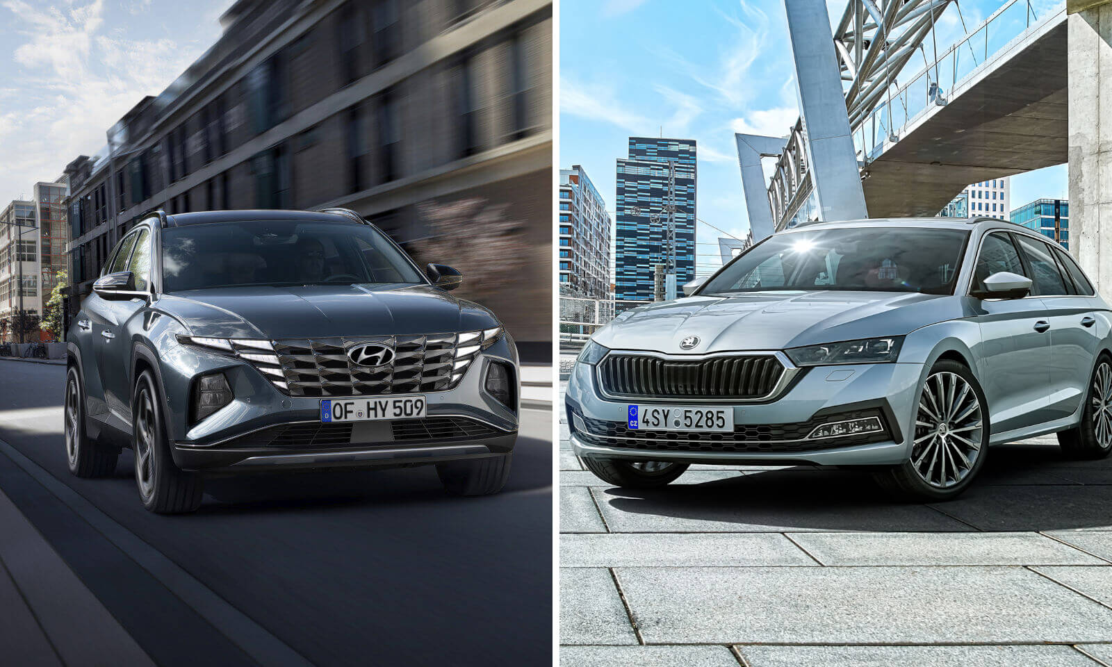 Hyundai Tucson i Škoda Octavia stoją przodem w różnych miejskich sceneriach.