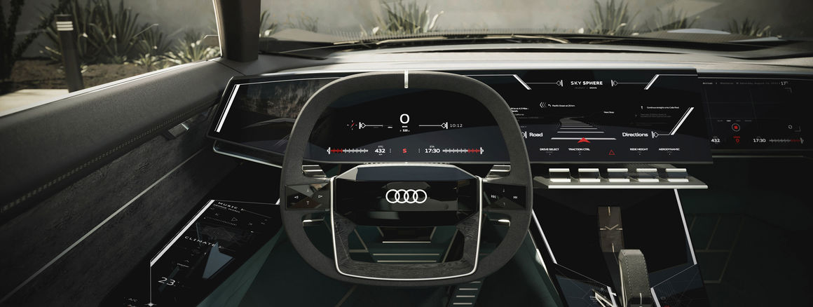 Nowoczesna deska rozdzielcza Audi Skysphere z cyfrowymi wyświetlaczami i minimalistycznymi elementami sterującymi.