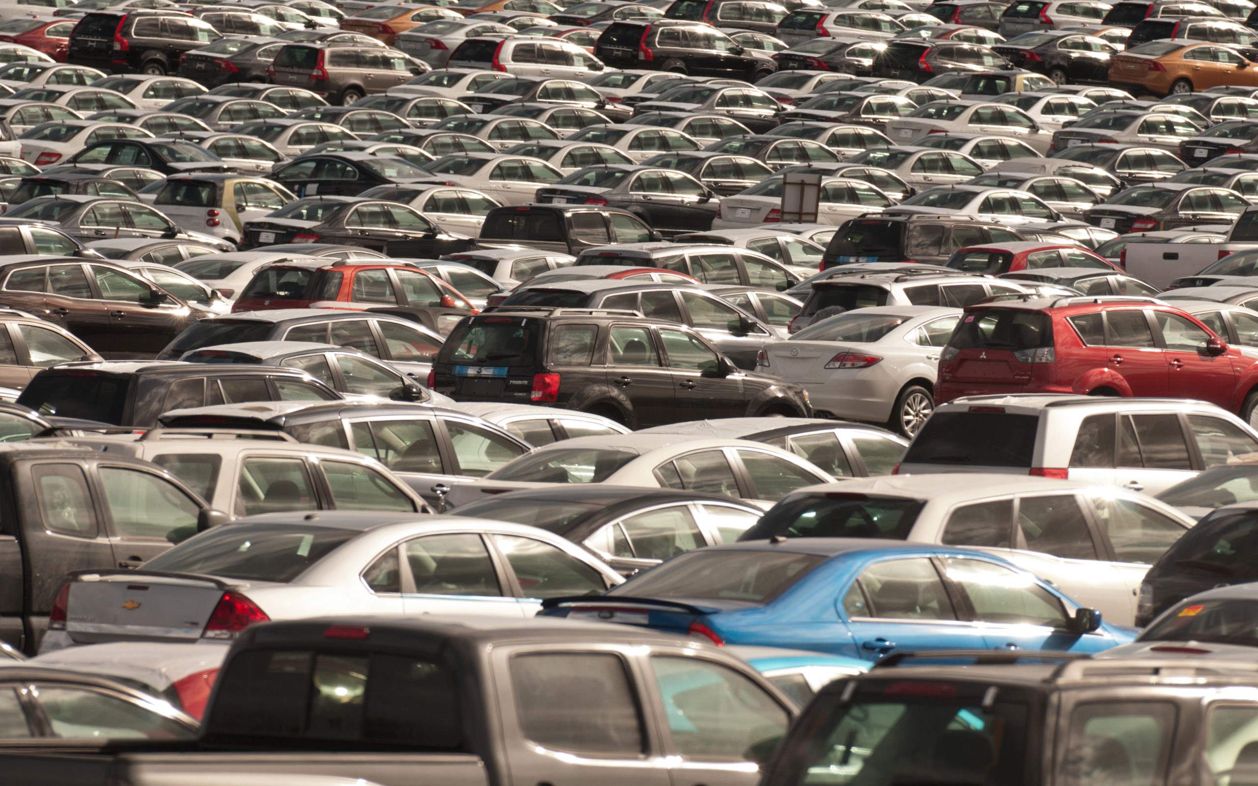 Zatłoczony parking z samochodami różnych marek, modeli i kolorów ustawionymi w równych rzędach.