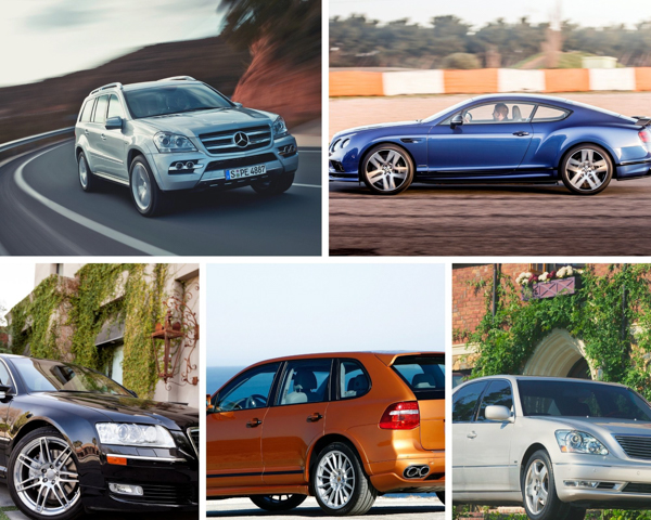 Pięć luksusowych samochodów: srebrny SUV, niebieskie coupe, czarny sedan, pomarańczowy crossover, biały sedan.