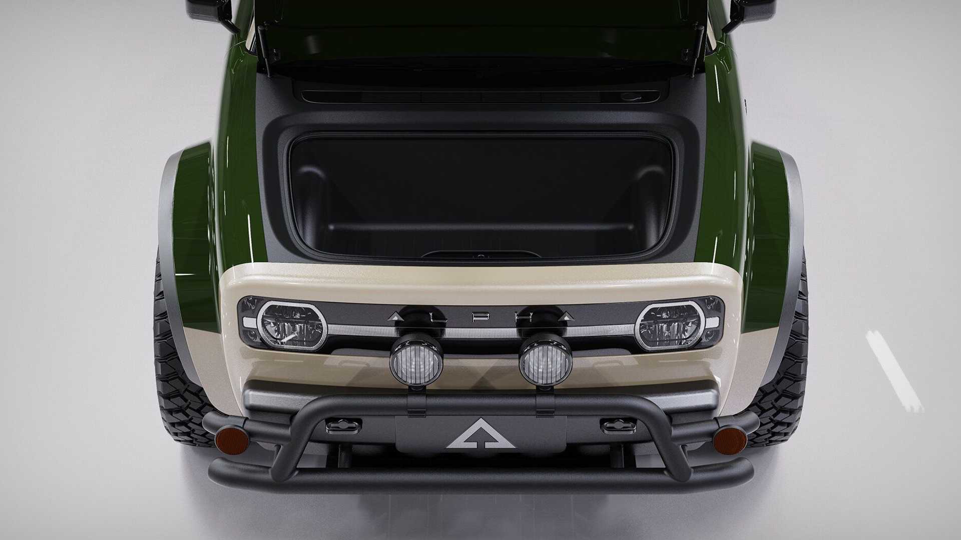SUV Alpha Jax w kolorze zielono-beżowym z otwartym przednim bagażnikiem, widoczne dwie lampy i zderzak.