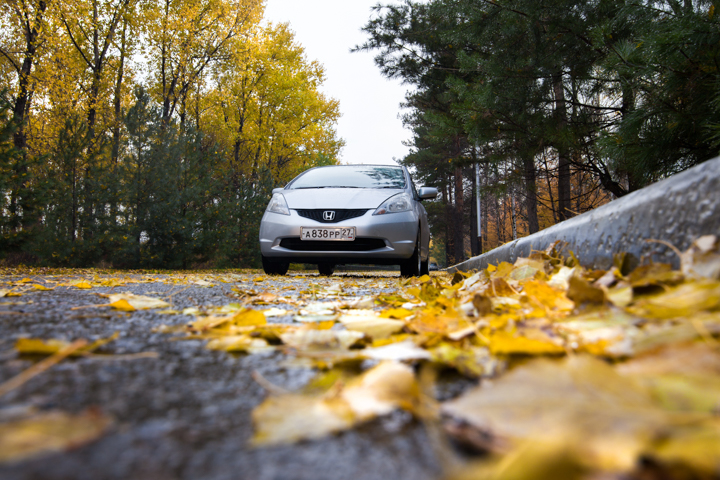 Srebrny Honda Jazz III stoi na mokrej drodze wśród żółtych liści i drzew.