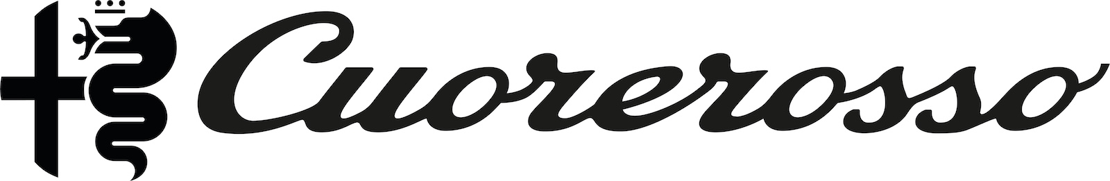 Czarny napis „Cuorerosso” oraz logo z krzyżem i wężem na białym tle.