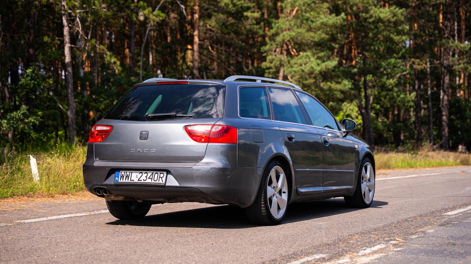 Szary, używany Seat Exeo kombi stoi na wiejskiej drodze pośród trawy i drzew.