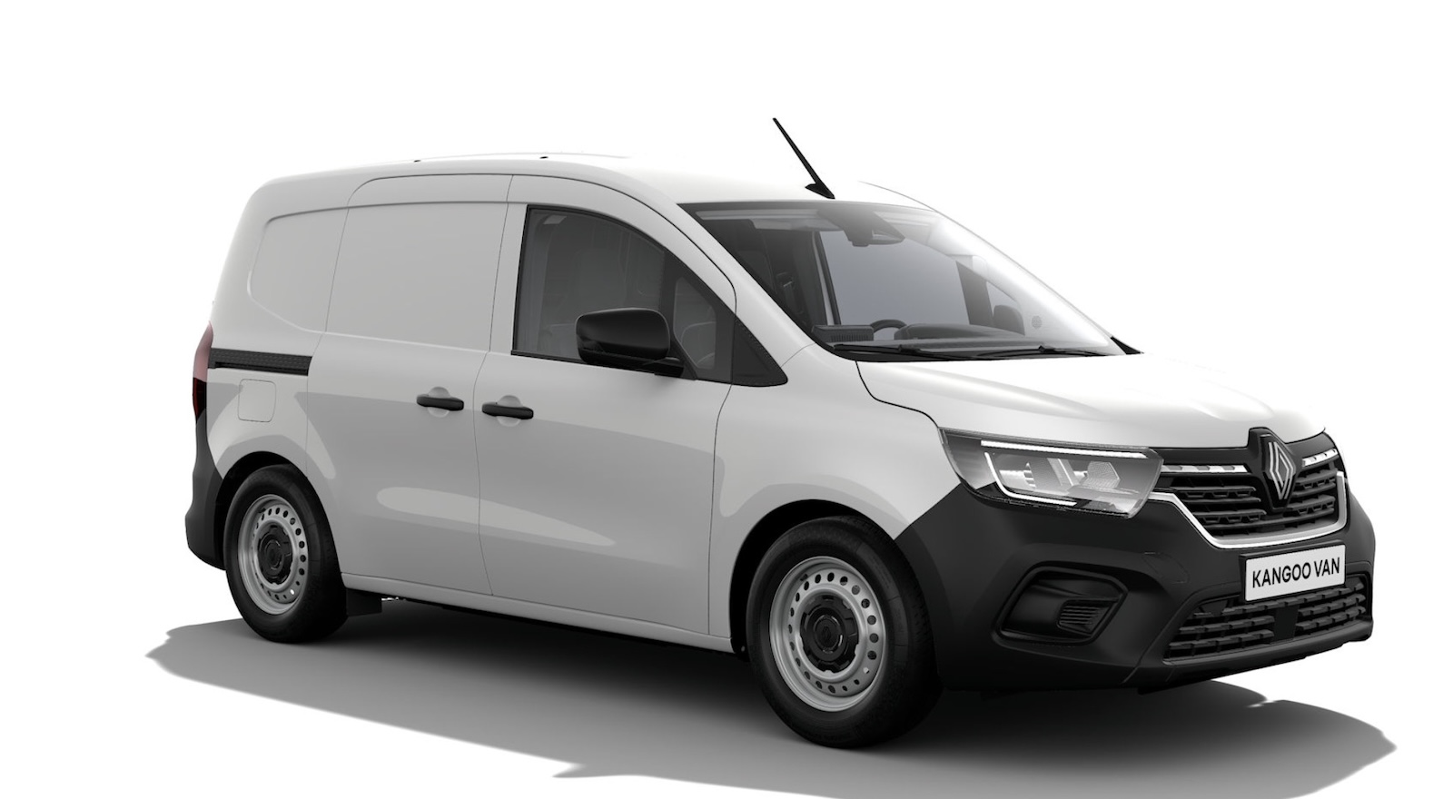 Biały Renault Kangoo dostawczy na białym tle, widok z lewej strony z przodu.