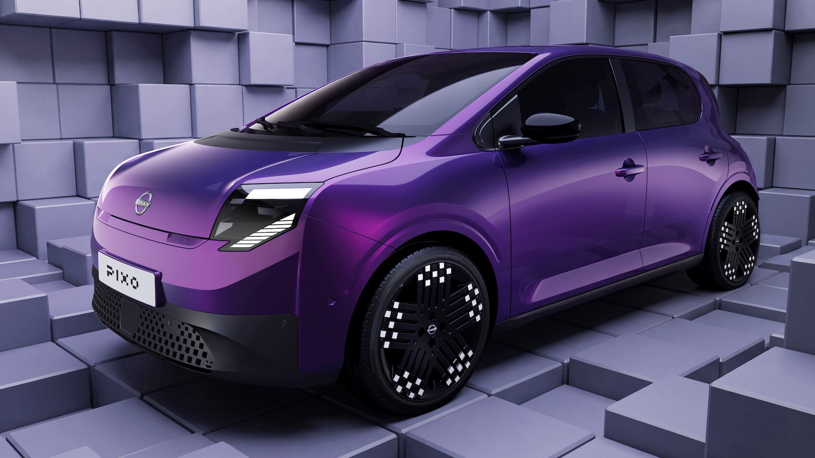 Fioletowy Nissan stoi w pokoju o geometrycznych, szarych ścianach i podłodze.