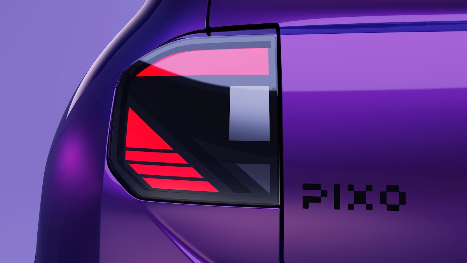 Fioletowy Nissan, lewy tylny reflektor z geometrycznym wzorem, obok napis „PIXO”.