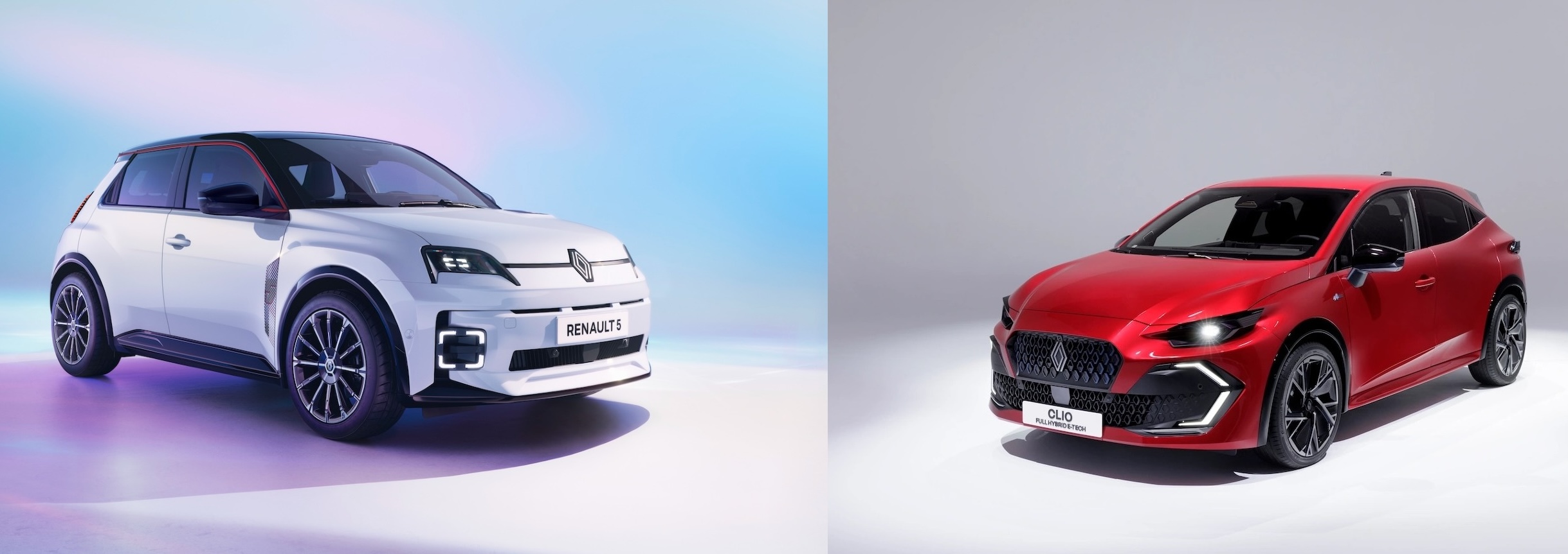 Białe Renault 5 E-Tech i czerwone MG 4 EV stoją obok siebie w studiu.