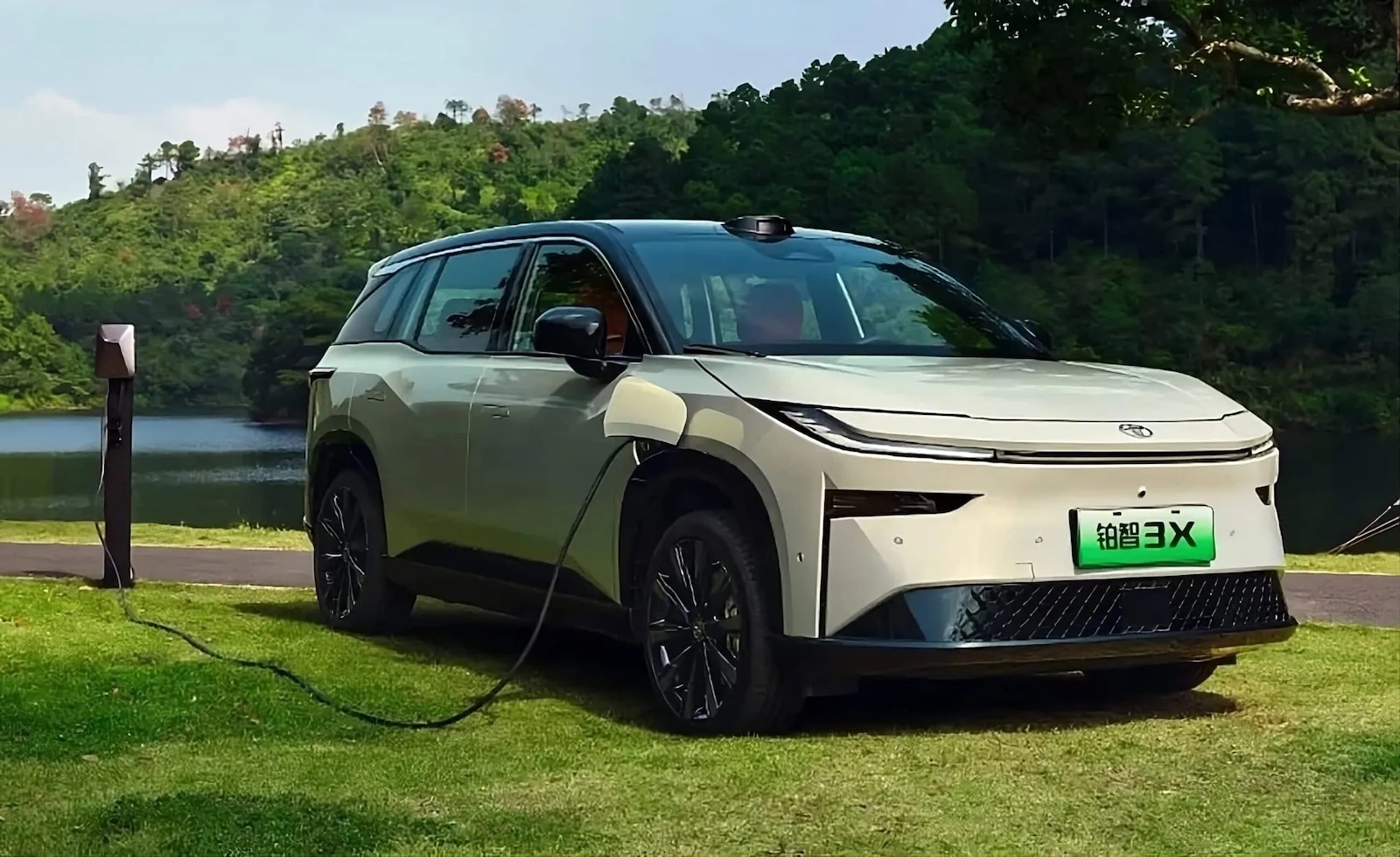 Biały elektryczny SUV ładuje się na trawniku, a w tle widać drzewa i jezioro.