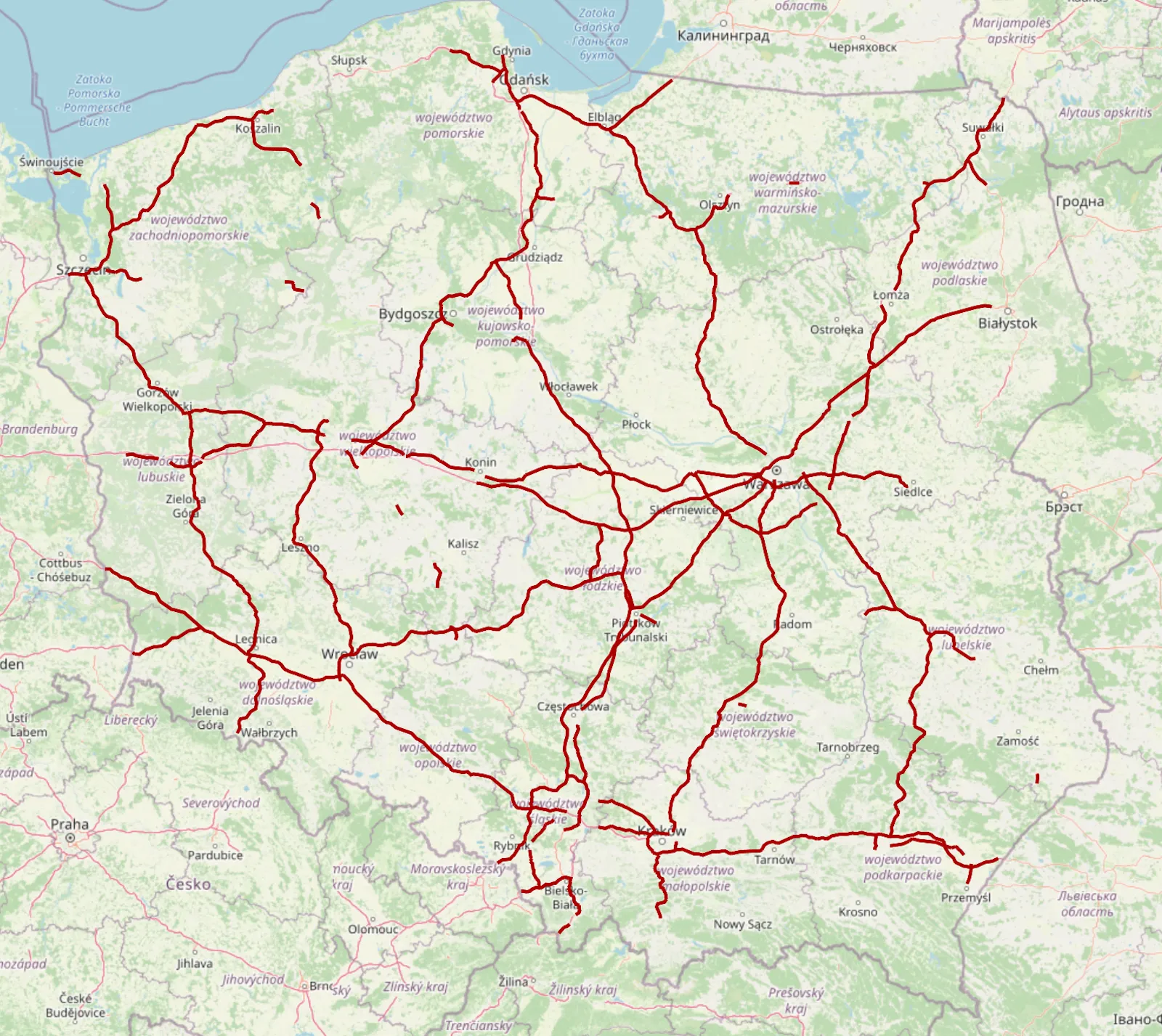 Mapa Polski z głównymi trasami objętymi e-toll zaznaczona na czerwono.