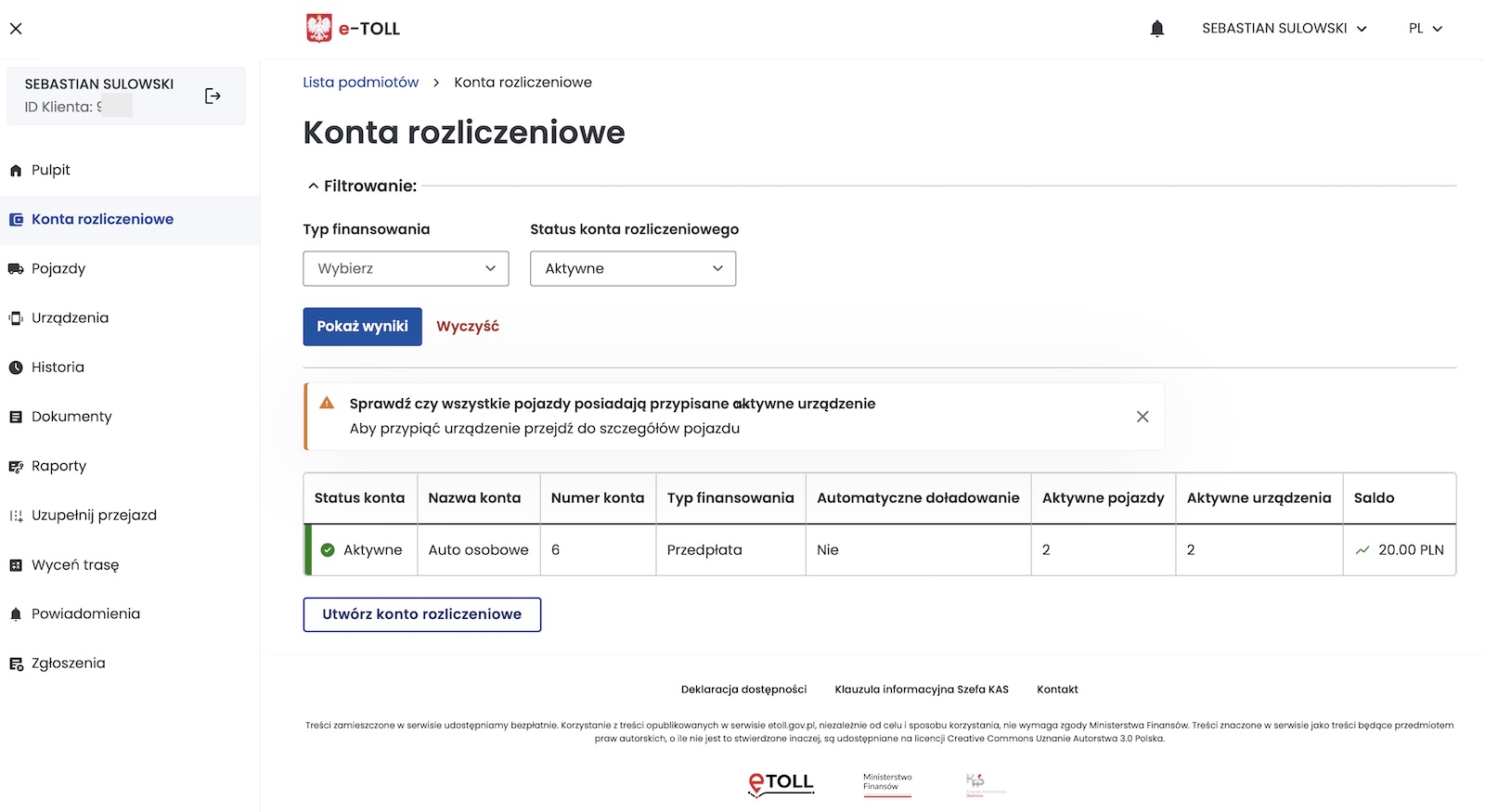 Podsumowanie konta: jedno aktywne konto, dwa pojazdy, saldo w wysokości 20 PLN