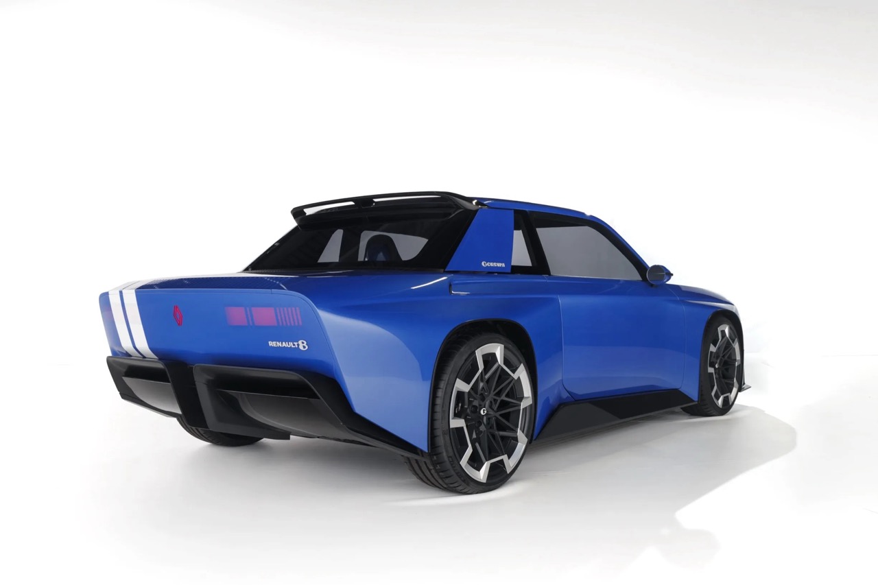 Niebieski prototyp Renault Sport widziany z tyłu, duże koła, czarny dach, białe pasy.