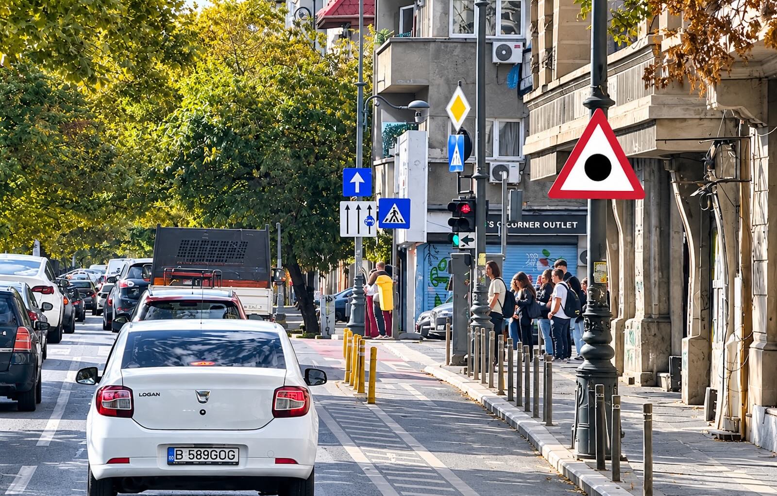 Ulica miejska z samochodami, przechodniami, drzewami i znakami drogowymi, w tym znakiem z czarną kropką.