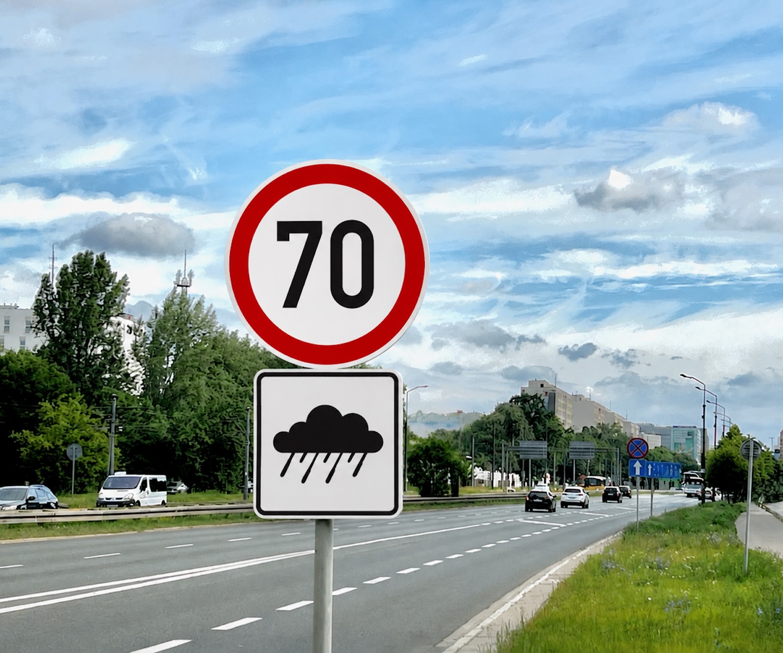 nowa tabliczka pod znakiem z symbolem chmury i deszczu pod ograniczenim prędkości do 70 km/h
