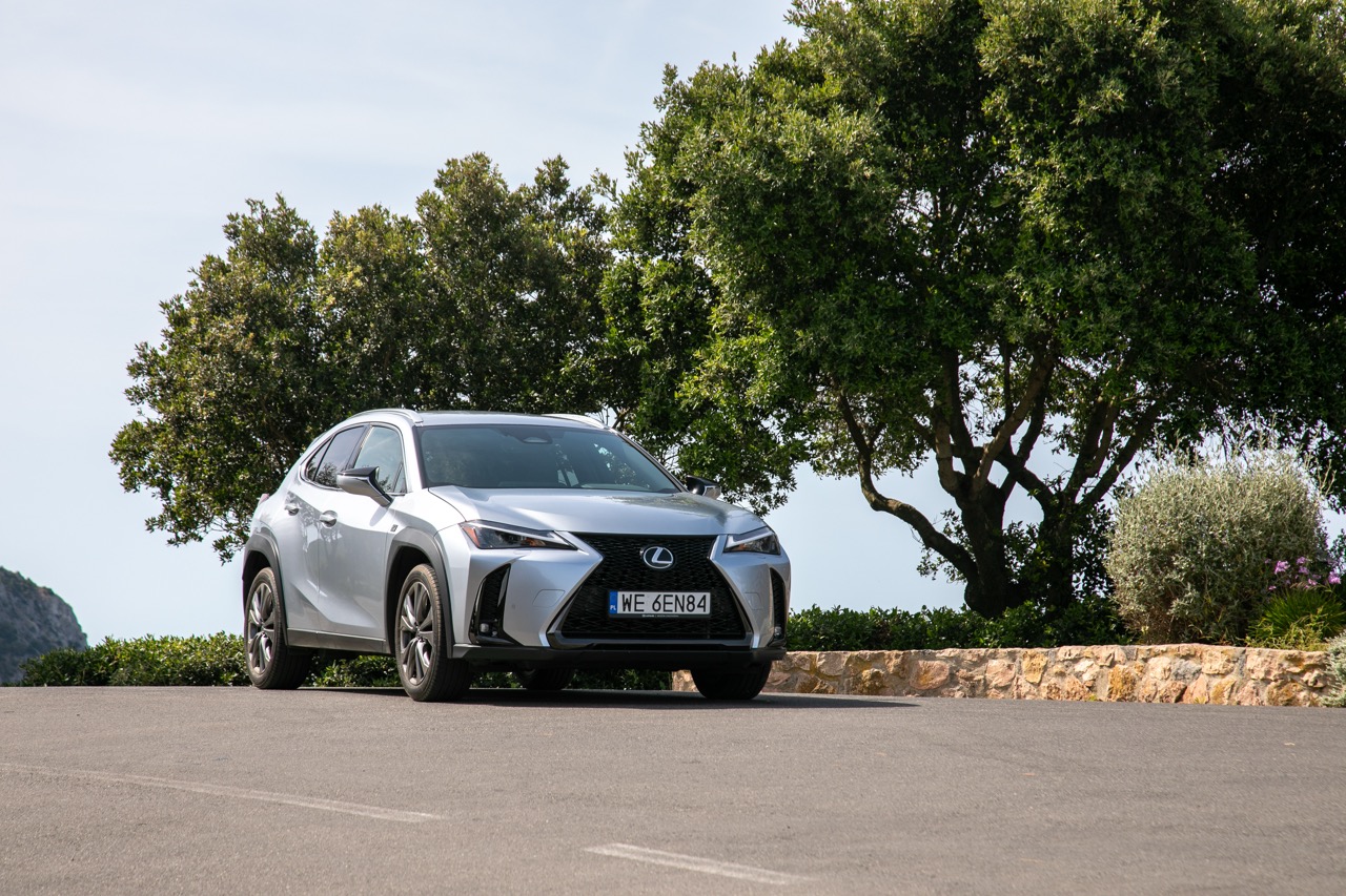 Srebrny Lexus UX zaparkowany na asfalcie przed drzewami.