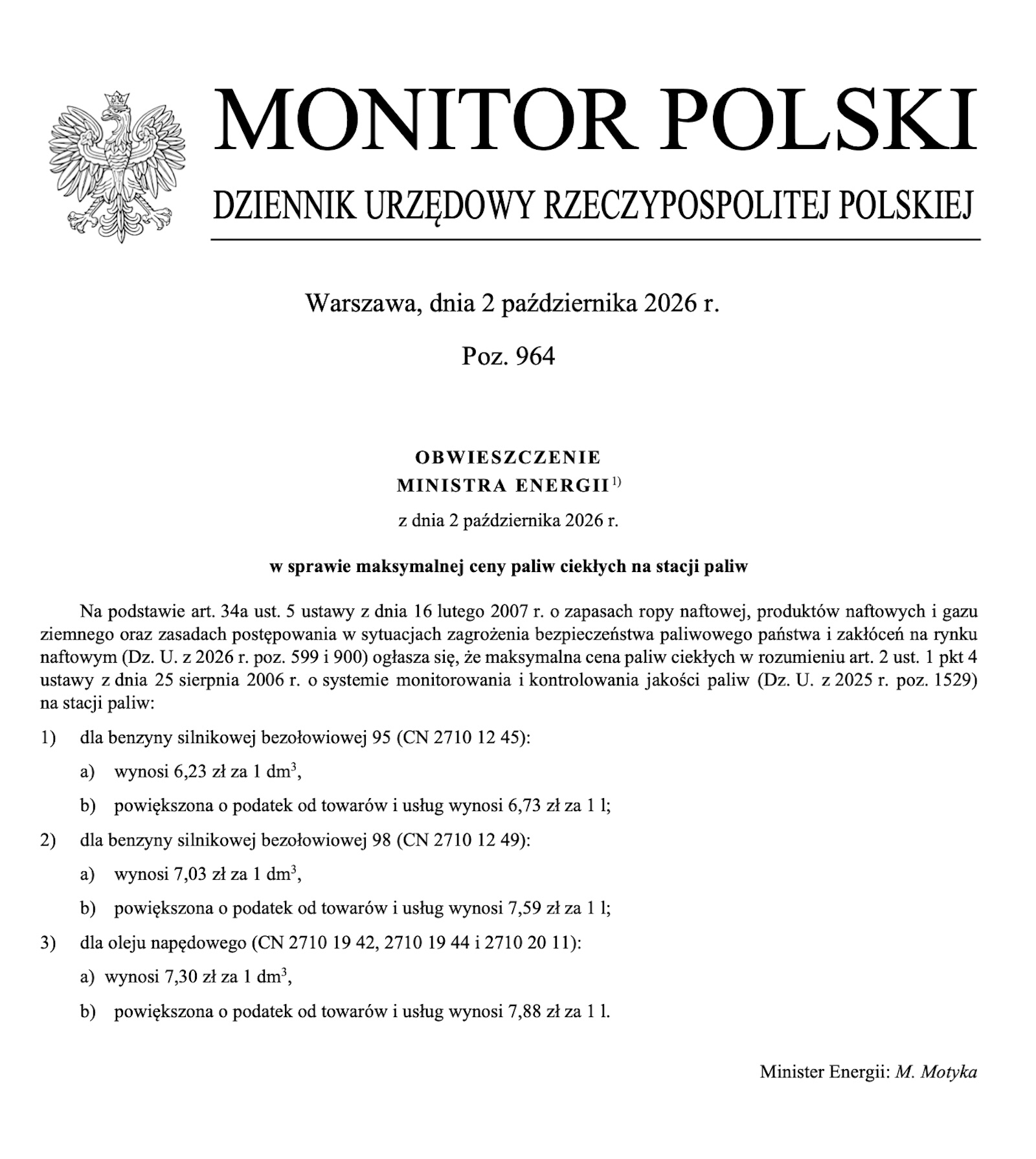 Dokument rządowy w języku polskim z dnia 2 października 2026 r. dotyczący maksymalnych cen paliw, podpisany przez ministra.