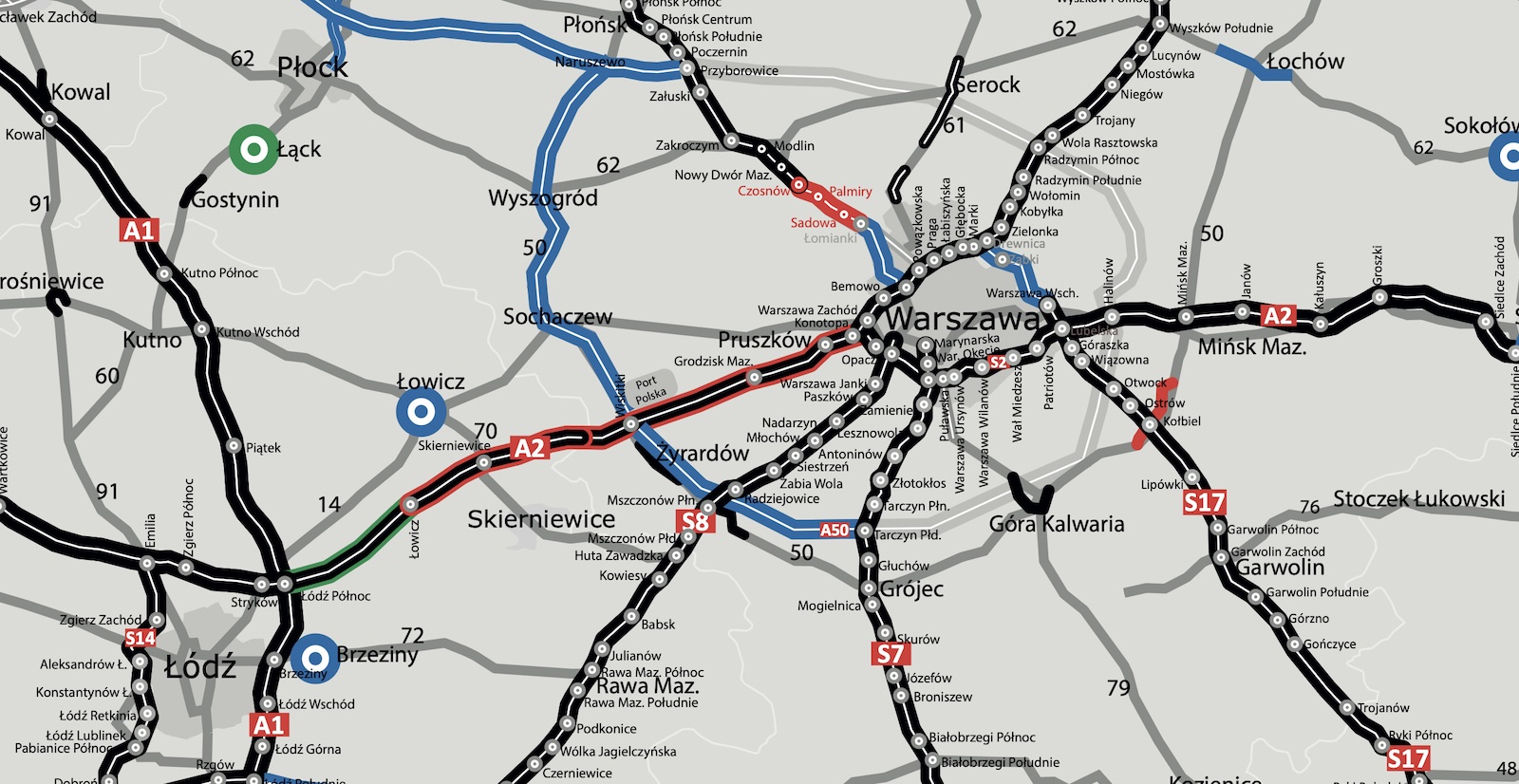 Mapa środkowej Polski z autostradami A1, A2, S7, S8 oraz zaznaczonymi rzekami i miastami.