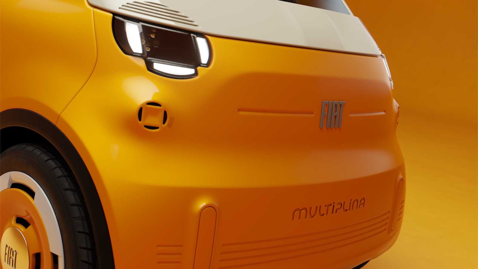 Pomarańczowy elektryczny Fiat Multipla widziany z przodu.