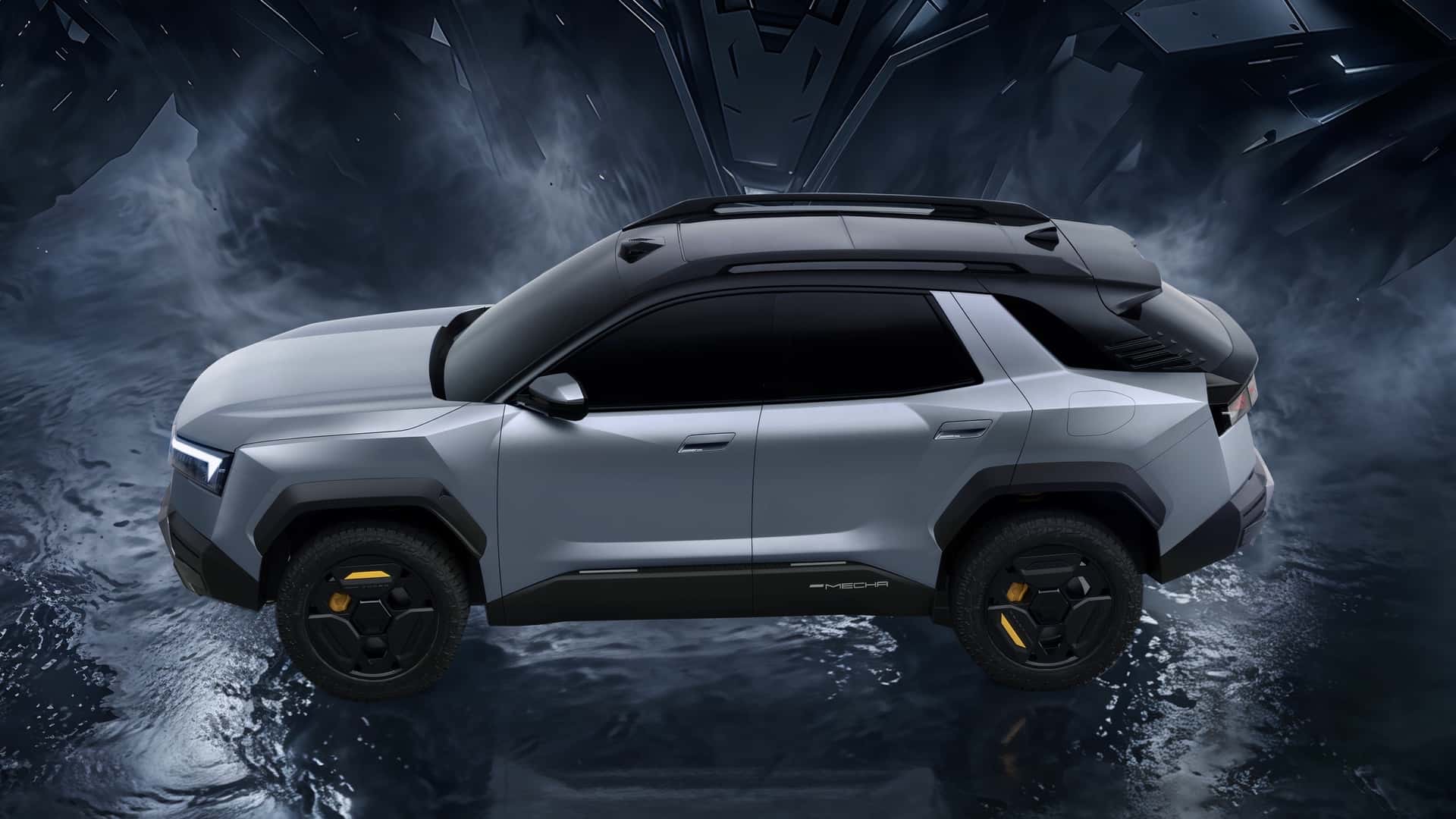 Srebrny SUV z czarnym dachem na ciemnym, abstrakcyjnym tle.