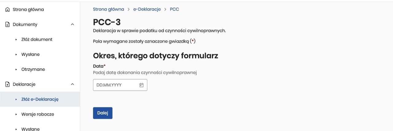 Formularz podatkowy PCC-3 z polem daty i przyciskiem Dalej.