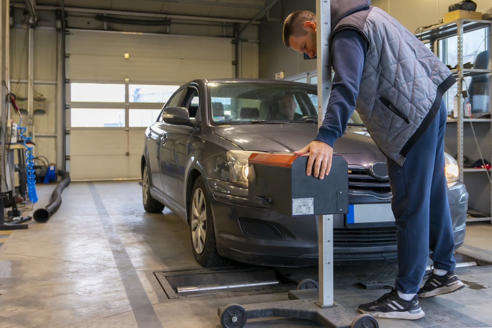 Podczas przeglądu technicznego mechanik reguluje światła samochodu za pomocą specjalnego przyrządu.